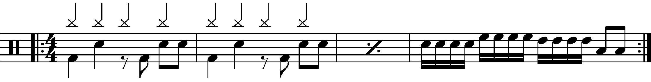 A four bar phrase using 1e+a2e+a3e+a4+ fills.