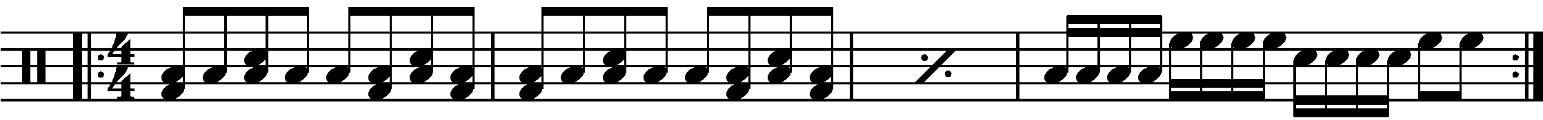 A four bar phrase using 1e+a2e+a3e+a4+ fills.