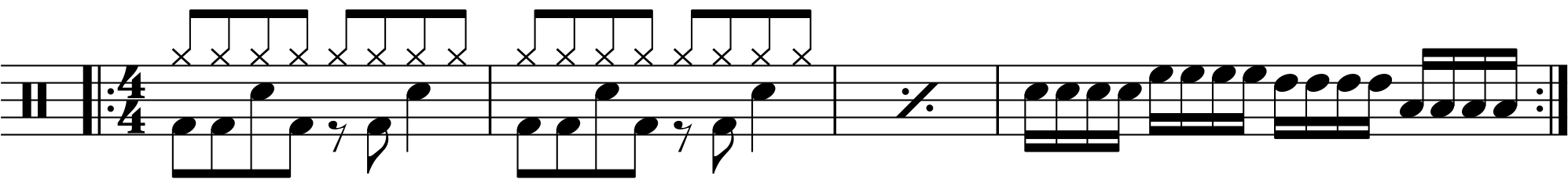 A four bar phrase using sixteenth note fills.