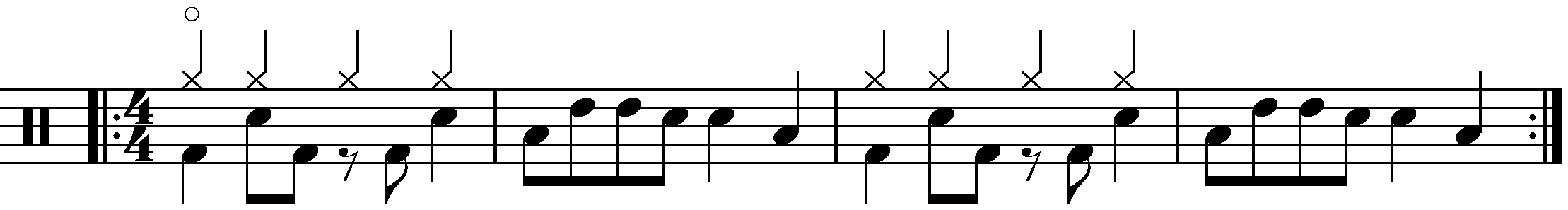 A repeated two bar phrase using eighth and quarter note fills.
