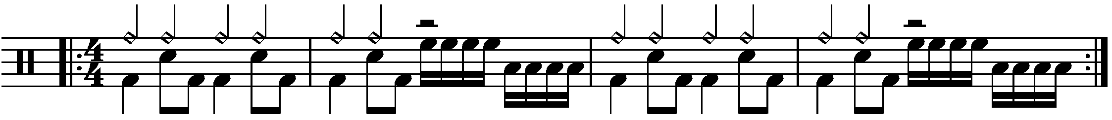 A repeated two bar phrase using sixteenth note fills.