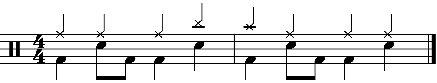 The concept applied to a common time groove with quarter note right hands