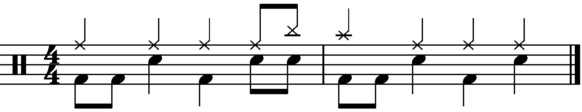 The concept applied to a common time groove with quarter note right hands