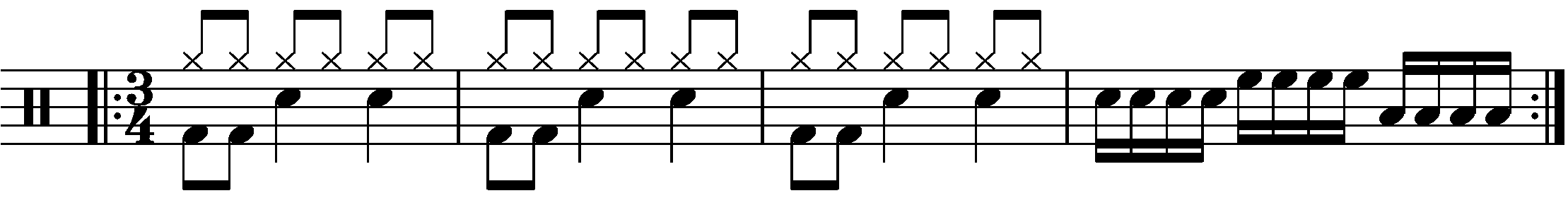 A four bar phrase using sixteenth note fills in 3/4.