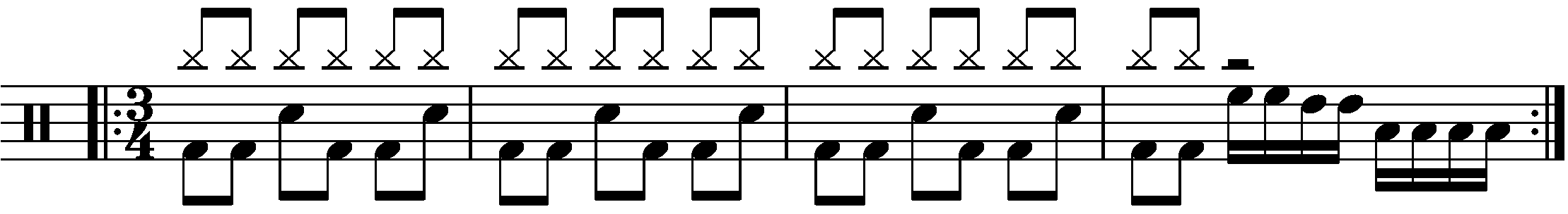 A four bar phrase using sixteenth note fills in 3/4.
