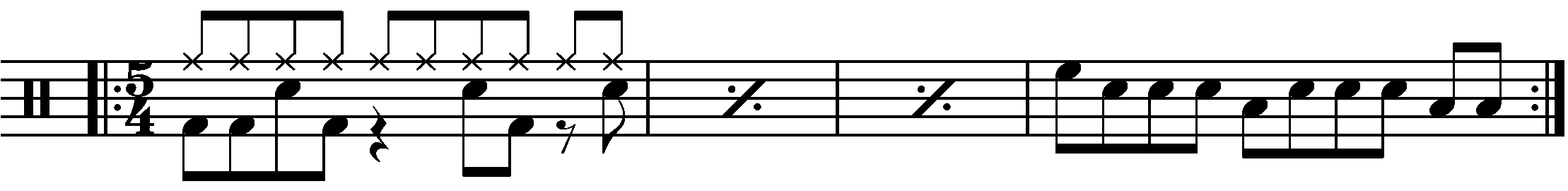 A four bar phrase using eighth note fills in 5/4.