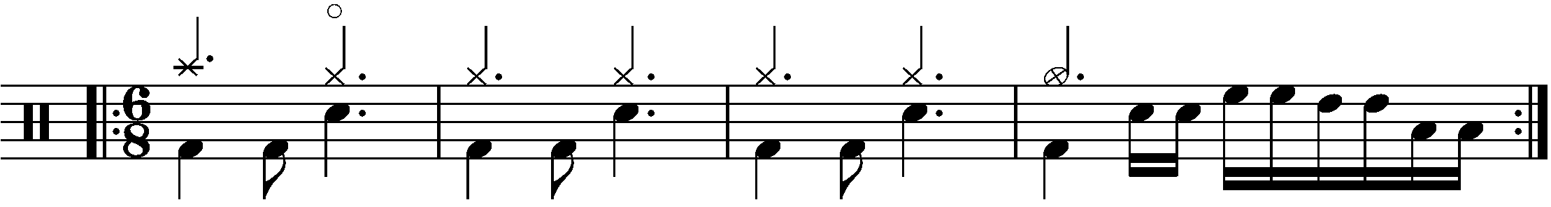 A four bar phrase using sixteenth note fills in 6/8.