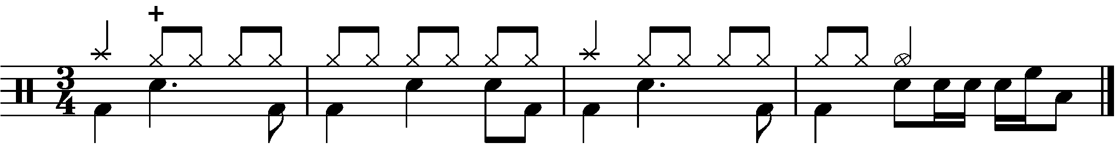 A four bar phrase made up of A B and C sections in 3/4
