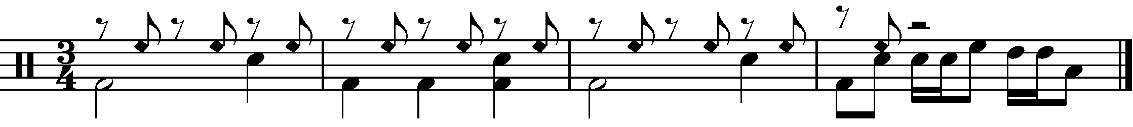 A four bar phrase made up of A B and C sections in 3/4