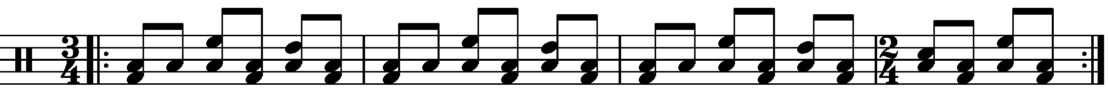 A four bar phrase using 3/4 and 2/4.