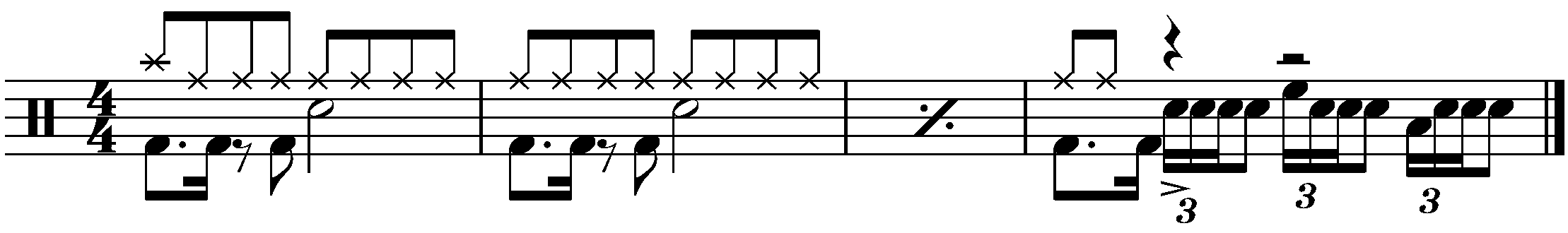 A four bar phrased using a three quarter bar four stroke roll fill