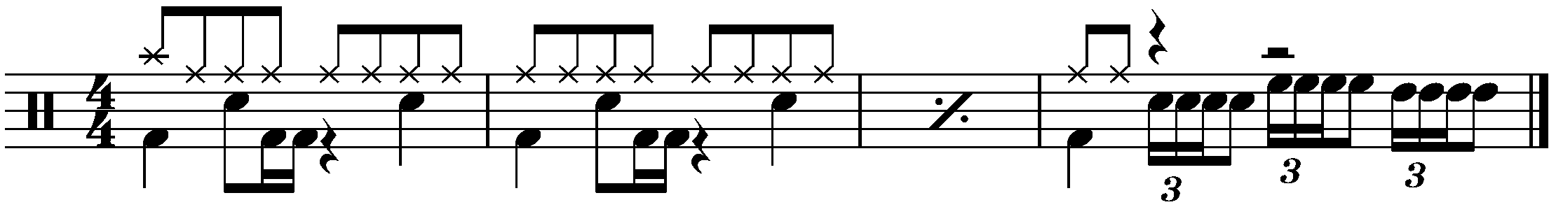 A four bar phrased using a three quarter bar four stroke roll fill