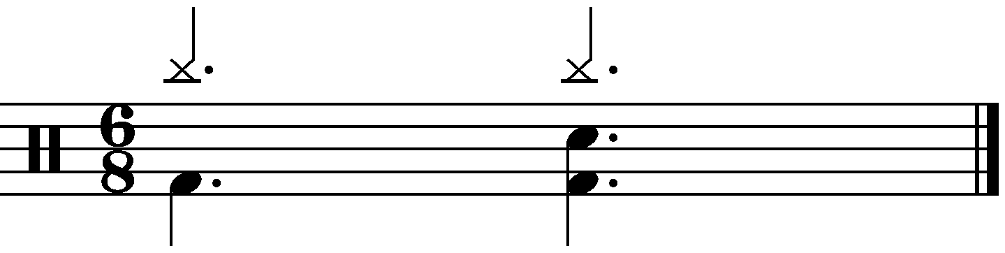 A 6/8 groove simulating 'four on the floor'