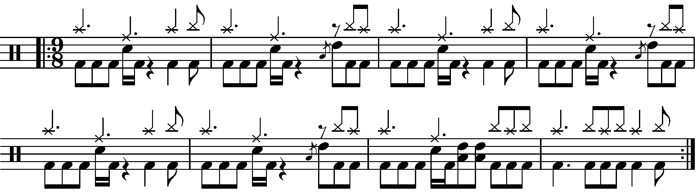 An eight bar phrase built of an AAAB pattern using 2 bar 9/8 grooves