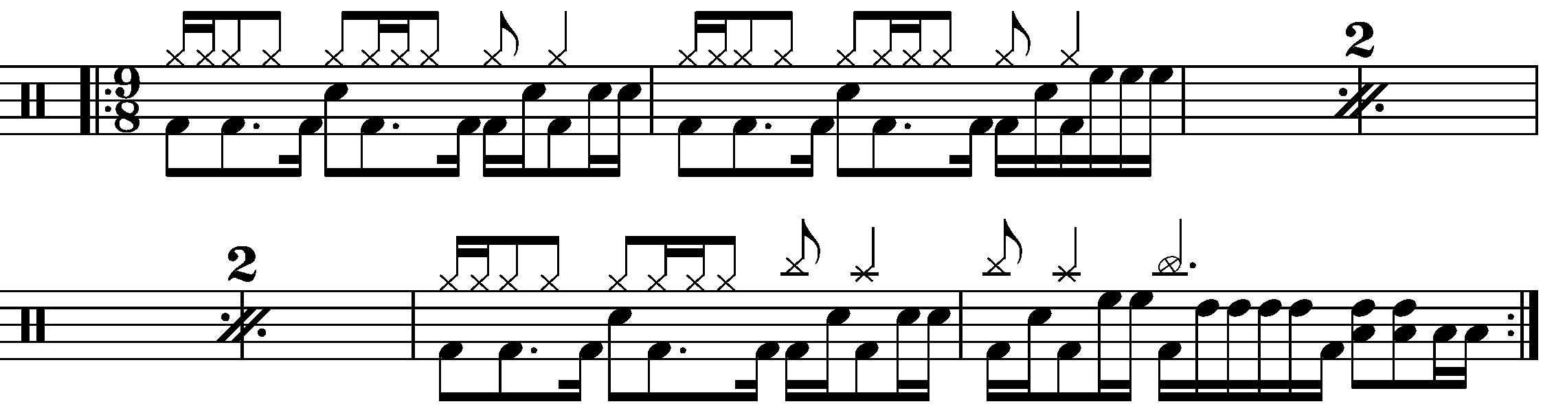 An eight bar phrase built of an AAAB pattern using 2 bar 9/8 grooves