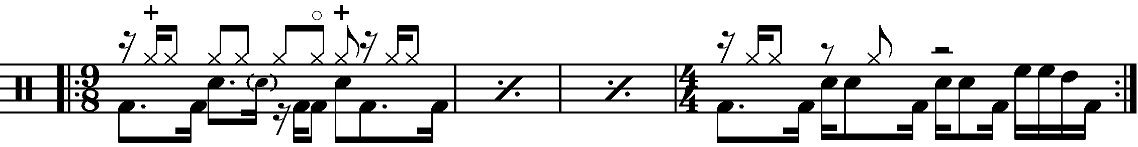 A four bar phrase using simple time 9/8 and 4/4