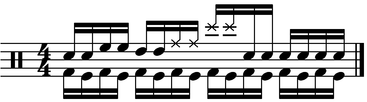 A fill made of 16th note rolls mixed with kicks and cymbals