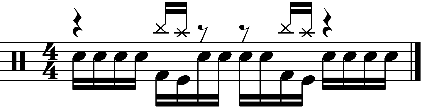 A fill made of 16th note rolls mixed with kicks and cymbals