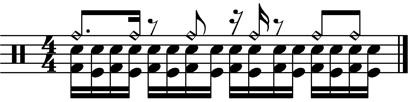 The constant sixteenth note blast beat with syncopated right hand