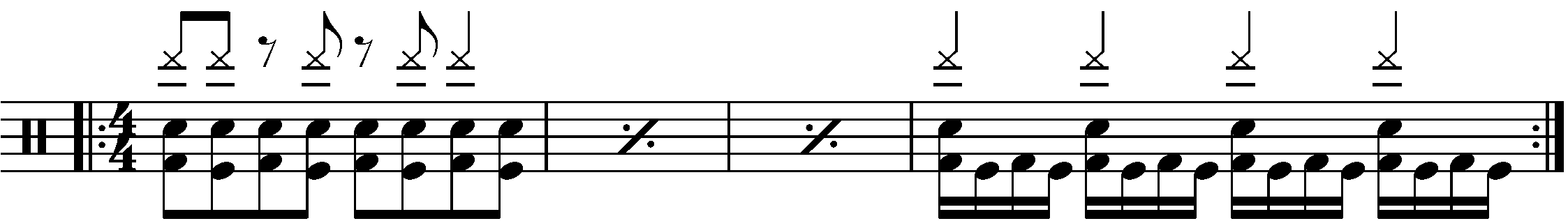 A four bar phrase with constant eighth note blast beats