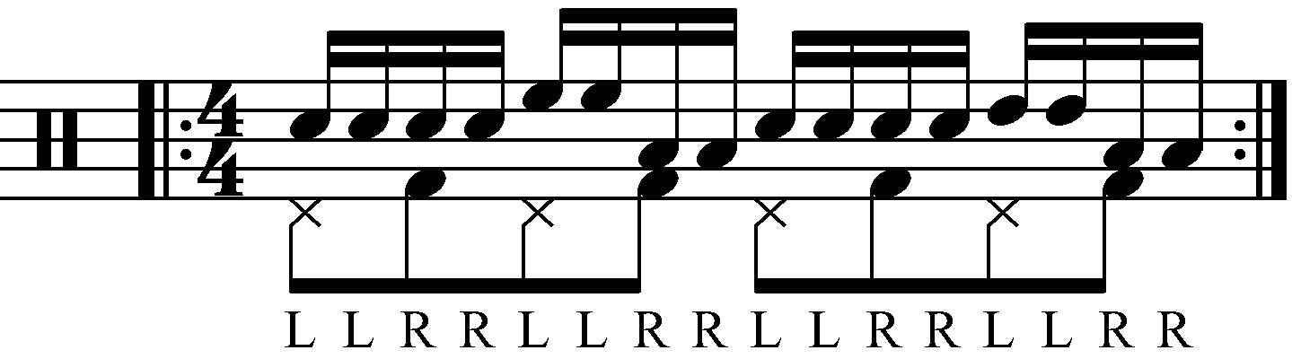 Double stroke roll orchestrated in reverse sticking