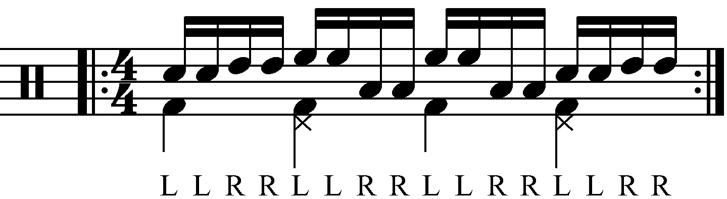 Double stroke roll orchestrated in reverse sticking