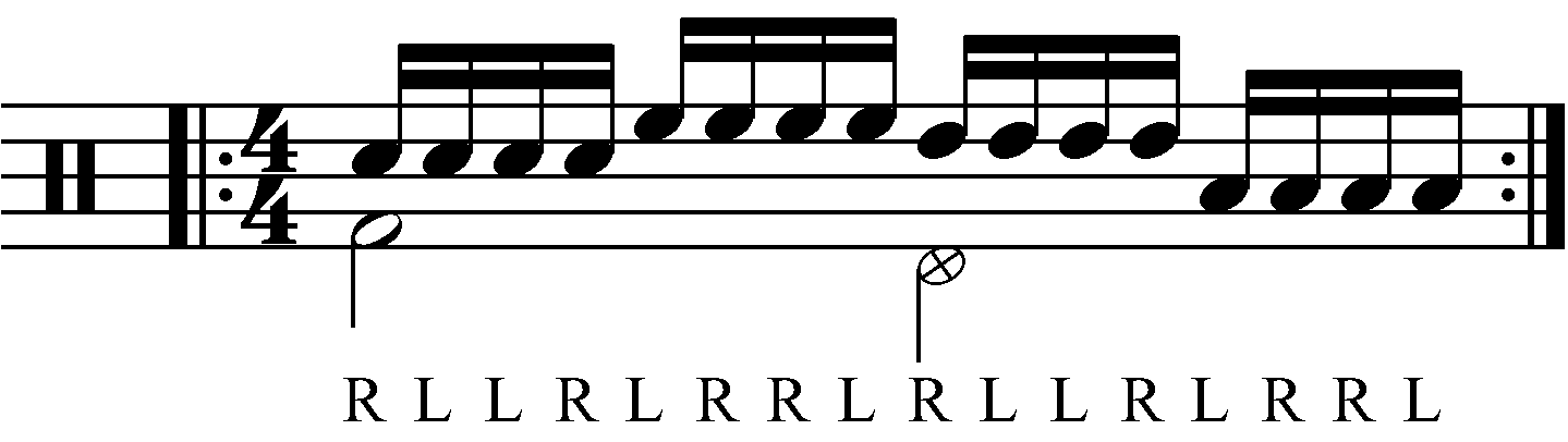 Inverted Paradiddle played as groups of four