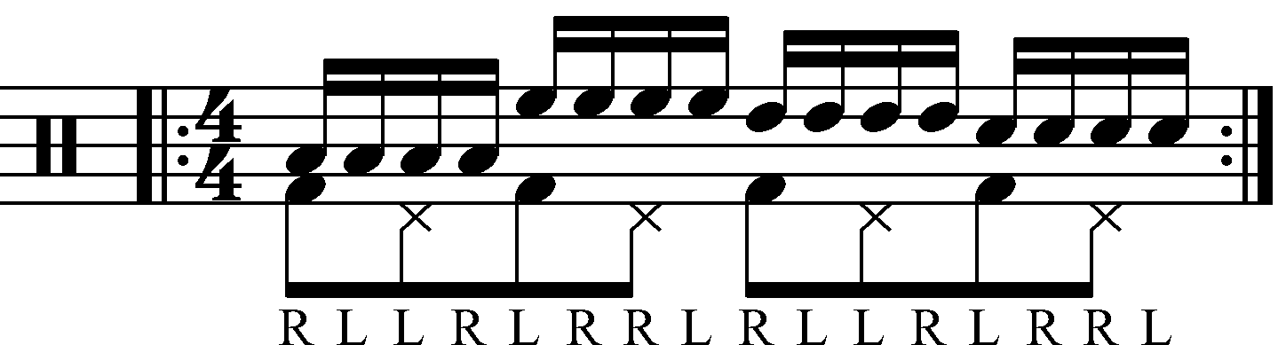 Inverted Paradiddle played as groups of four