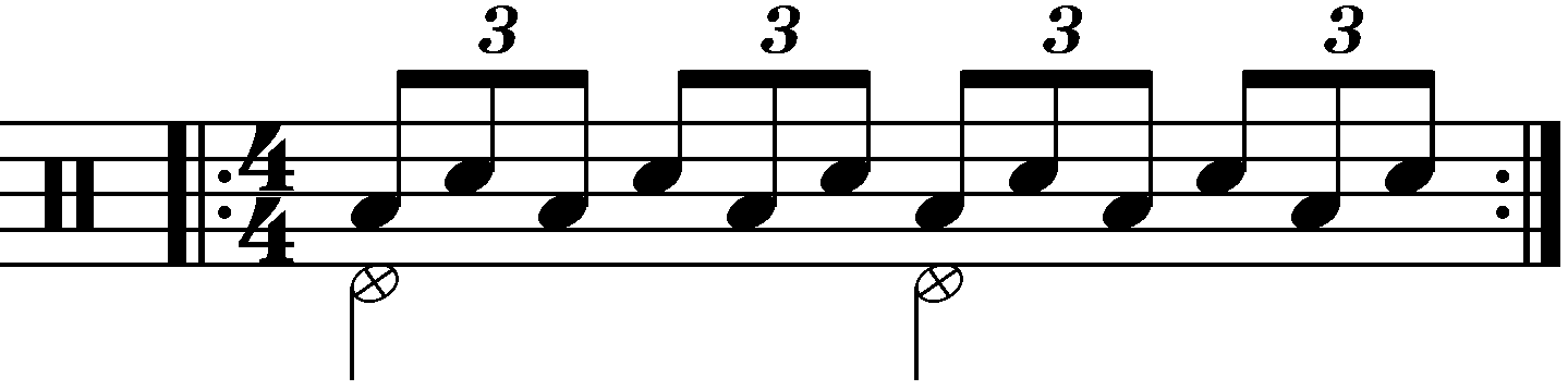 Single stroke triplet with each hand playing a different drum
