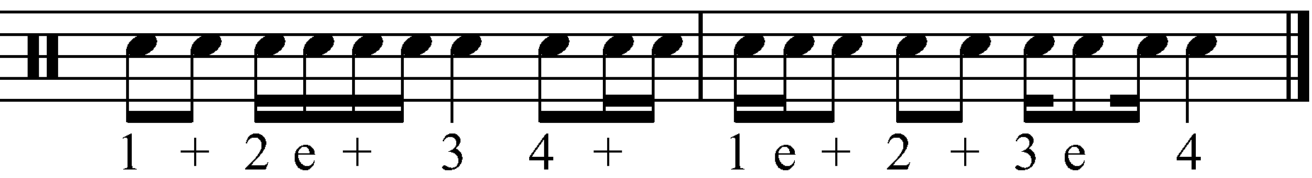 A snare drum rhythm with '+' counts added.