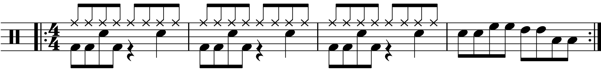 A four bar phrase using eighth note fills.
