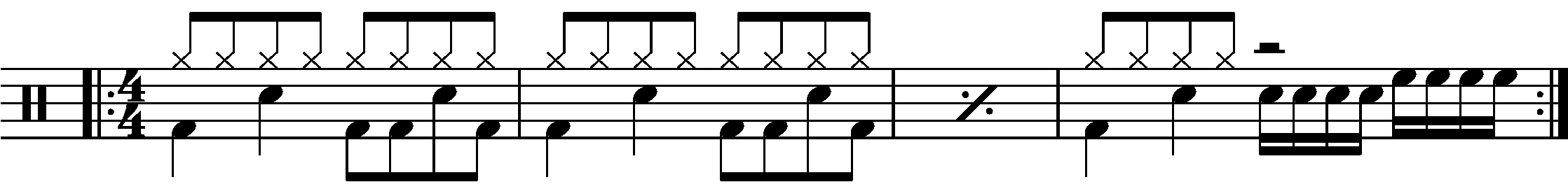 A four bar phrase using half bar sixteenth note fills.