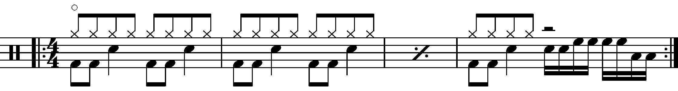 A four bar phrase using half bar sixteenth note fills.