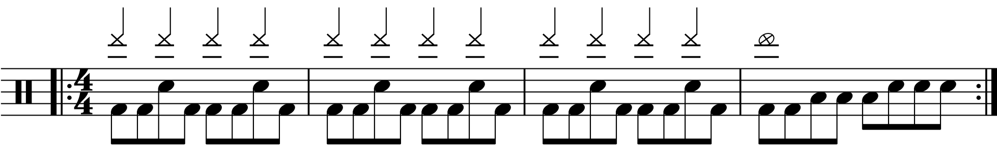 A four bar phrase using eighth note fills.