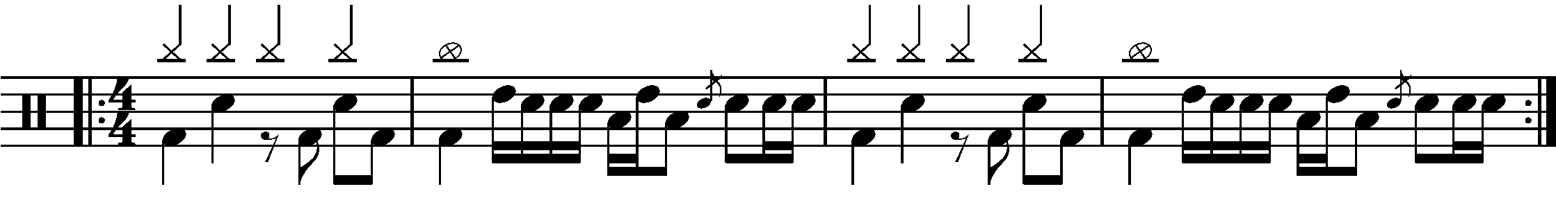 A repeated two bar phrase using simple rhythmic fills.
