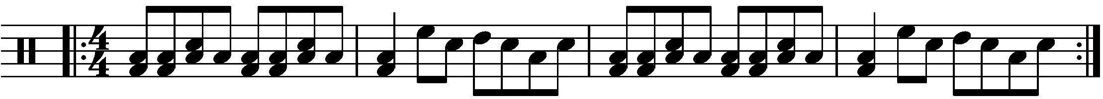 A repeated two bar phrase using eighth note fills.