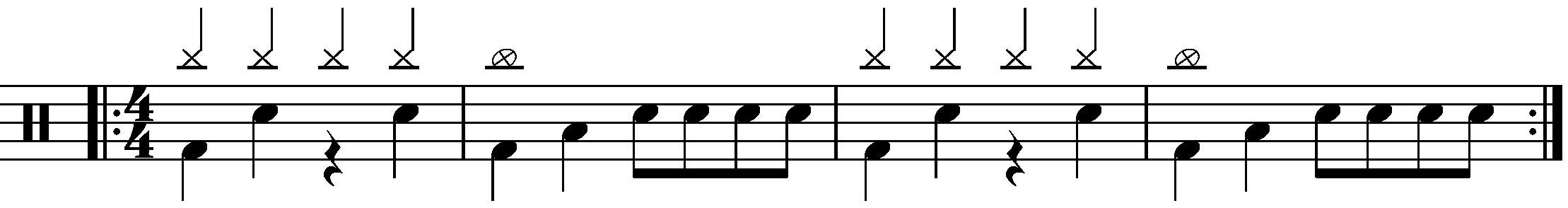 A repeated two bar phrase using eighth and quarter note fills.