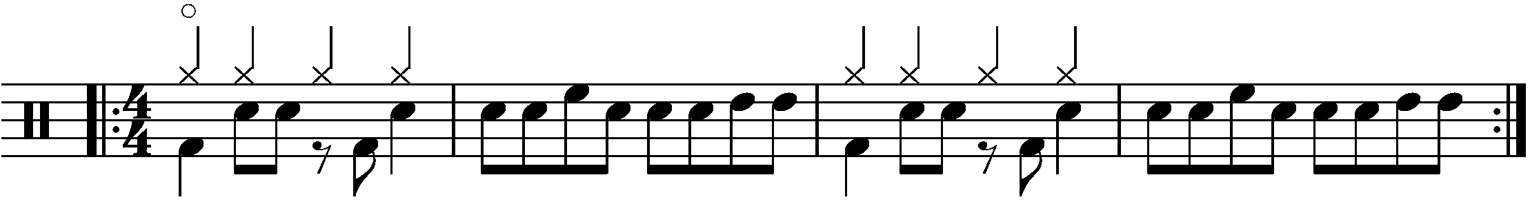 A repeated two bar phrase using full bar eighth note fills.