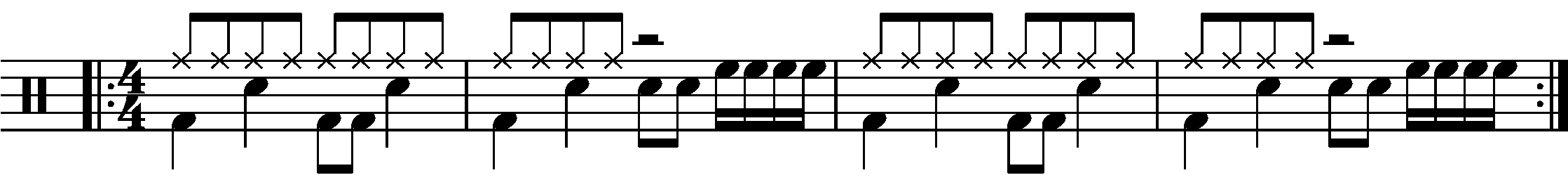 A repeated two bar phrase where fills are built from 8th and 16th notes