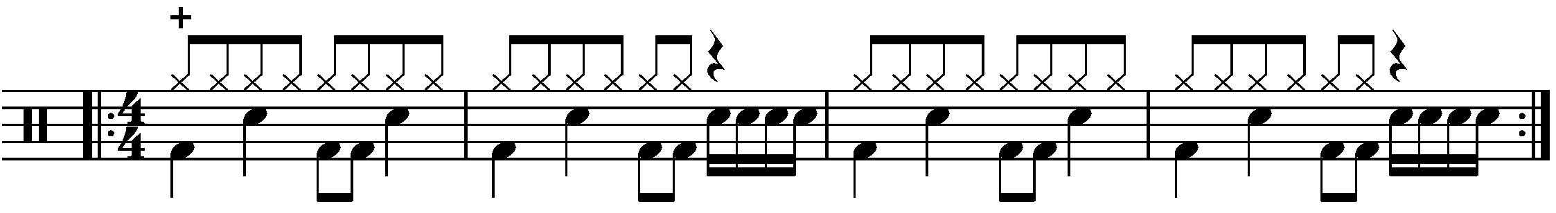 A repeated two bar phrase using sixteenth note fills.