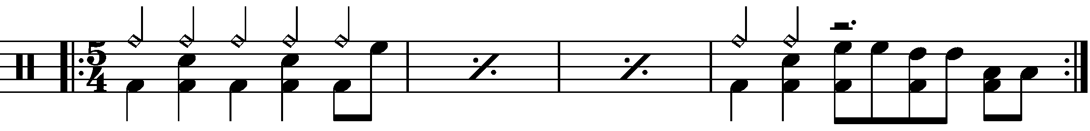 A four bar phrase using eighth note fills in 5/4.