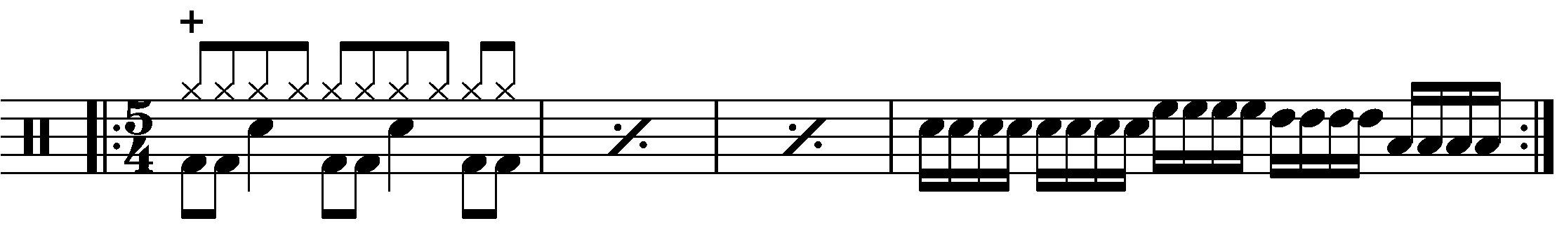 A four bar phrase using sixteenth note fills in 5/4.