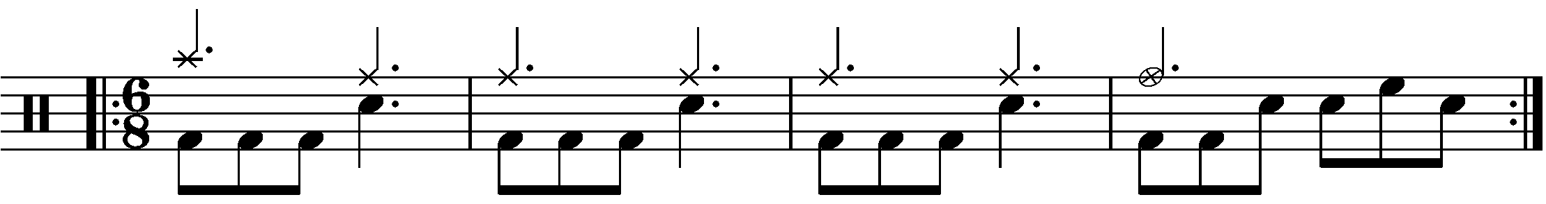 A four bar phrase using eighth note fills in 6/8.