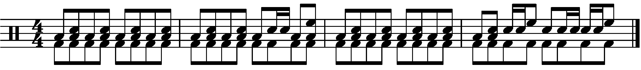 A four bar phrase made up of A B and C sections in double time