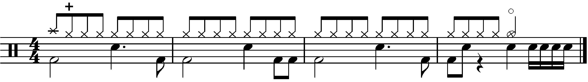 A four bar phrase made up of A B and C sections in half time