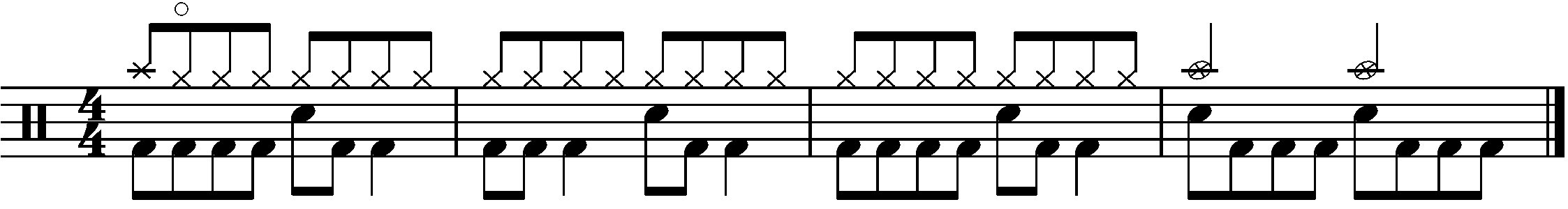 A four bar phrase made up of A B and C sections in half time