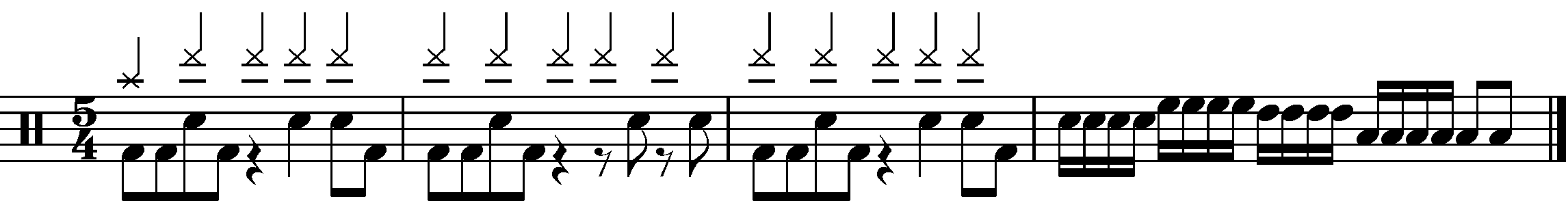 A four bar phrase made up of A B and C sections in 5/4