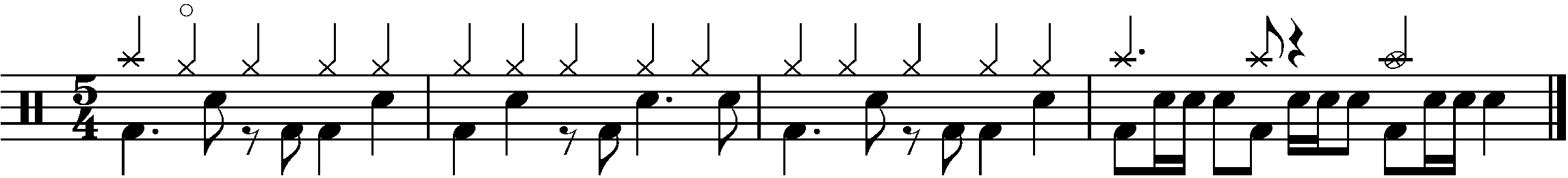 A four bar phrase made up of A B and C sections in 5/4
