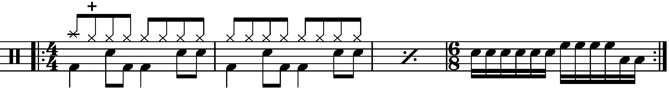 A four bar phrase using a fill in 6/8.