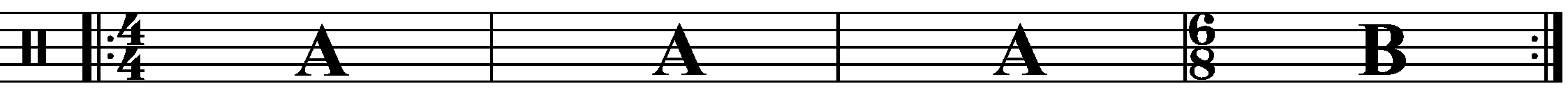 A four bar phrase using 6/8 for the 'B' section.